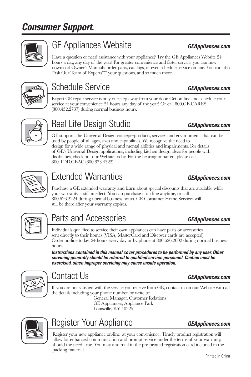 Consumer support. ge appliances website, Schedule service, Real life design studio | Extended warranties, Parts and accessories, Contact us, Register your appliance | GE GMR06AAZBB User Manual | Page 16 / 16