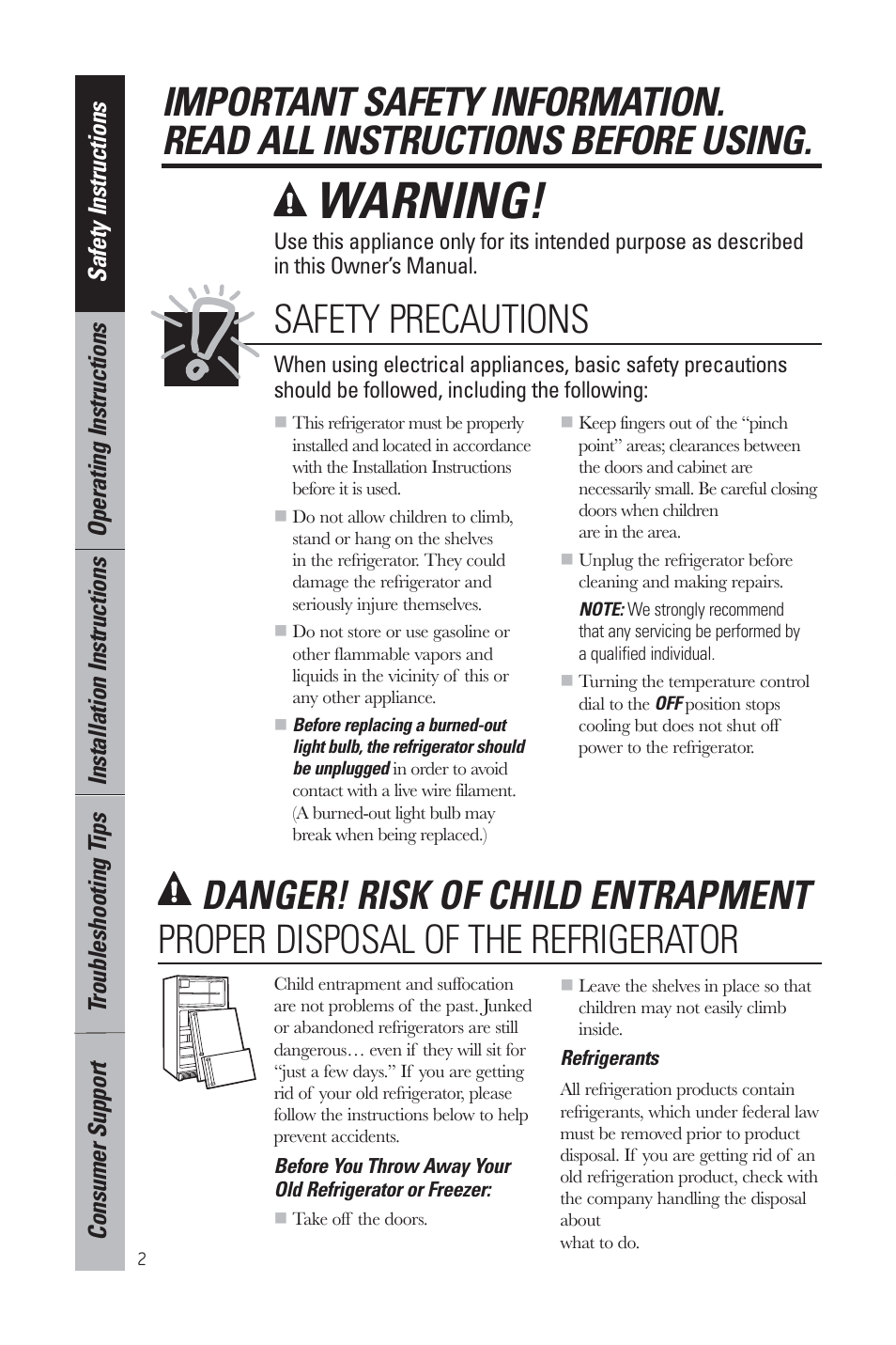 Warning, Danger! risk of child entrapment, Safety precautions | Proper disposal of the refrigerator | GE GMR06AAZBB User Manual | Page 2 / 16