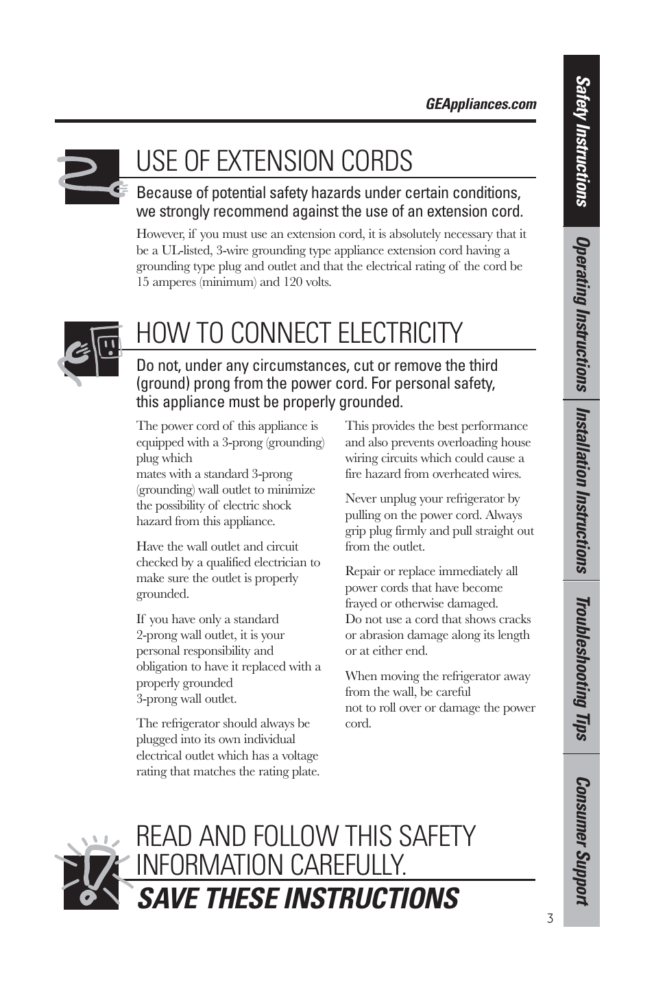 Use of extension cords, How to connect electricity | GE GMR06AAZBB User Manual | Page 3 / 16