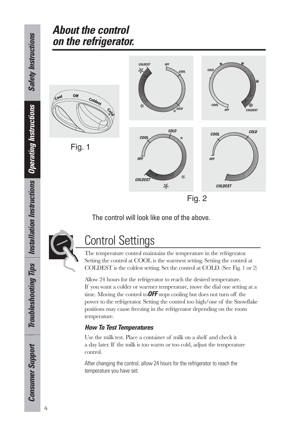 Control settings, About the control on the refrigerator | GE GMR06AAZBB User Manual | Page 4 / 16