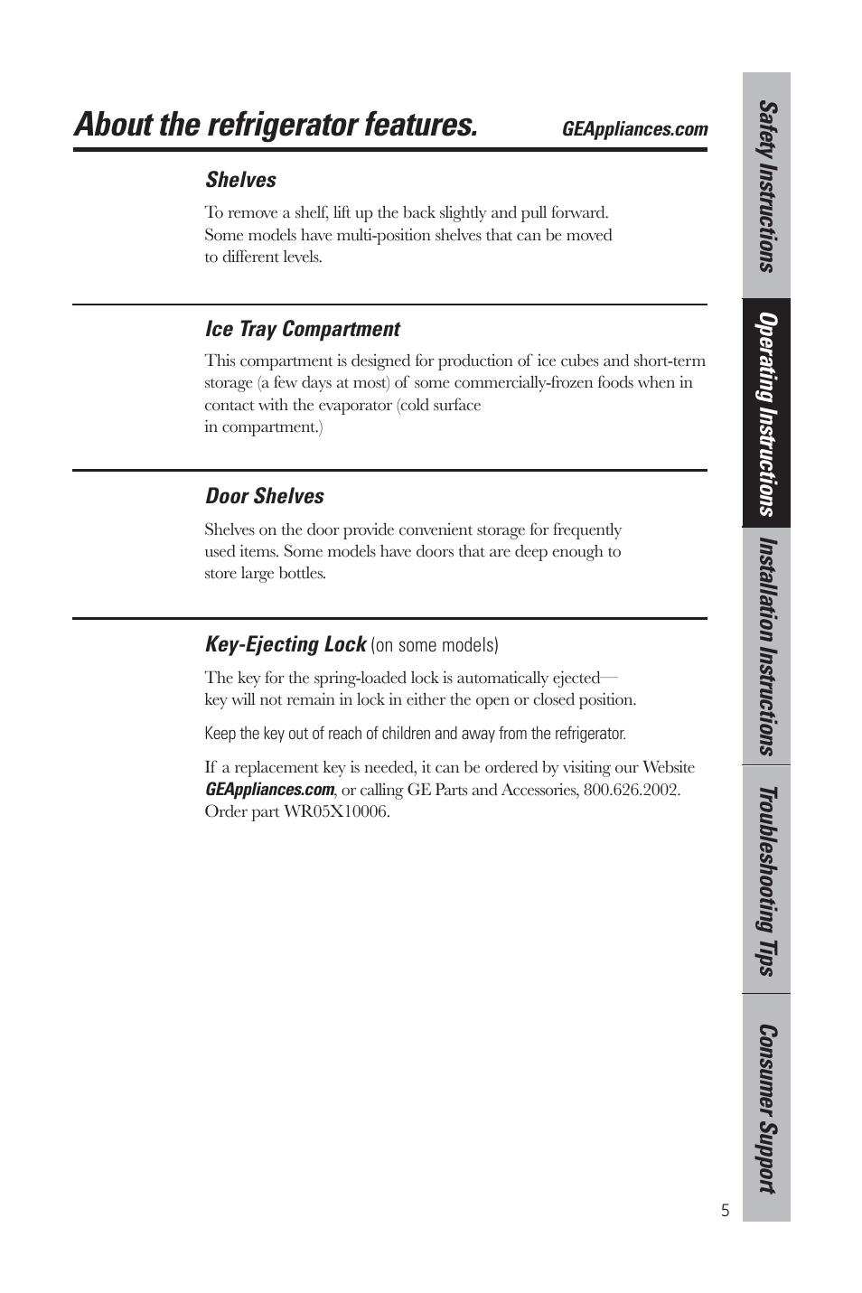 About the refrigerator features | GE GMR06AAZBB User Manual | Page 5 / 16
