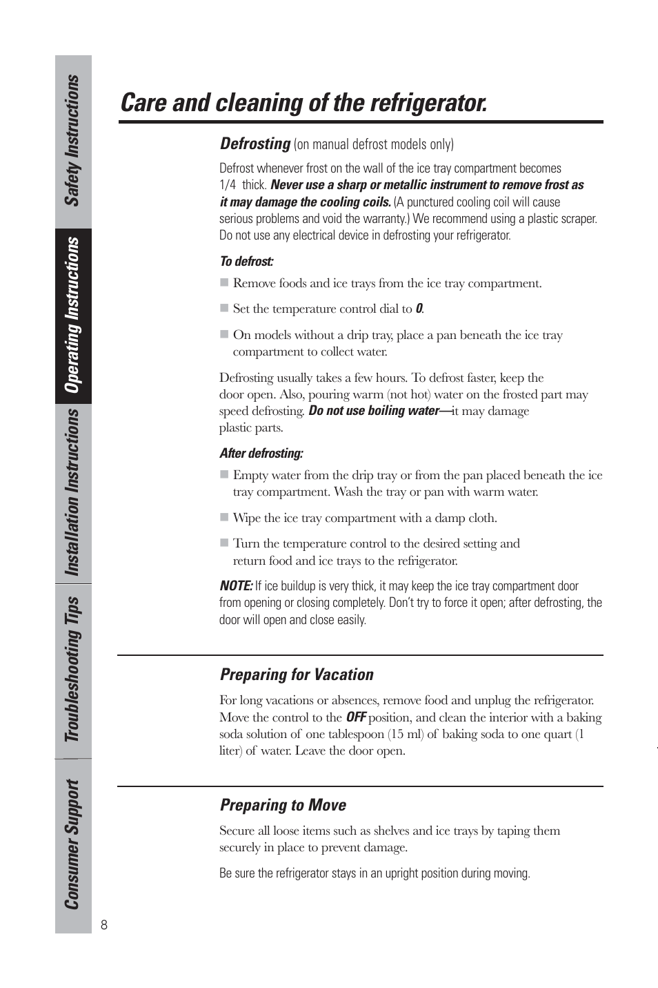 Care and cleaning of the refrigerator | GE GMR06AAZBB User Manual | Page 8 / 16