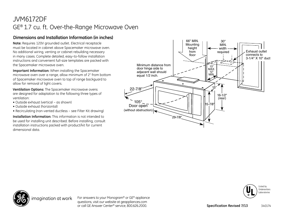 GE JVM6172DFWW User Manual | 3 pages
