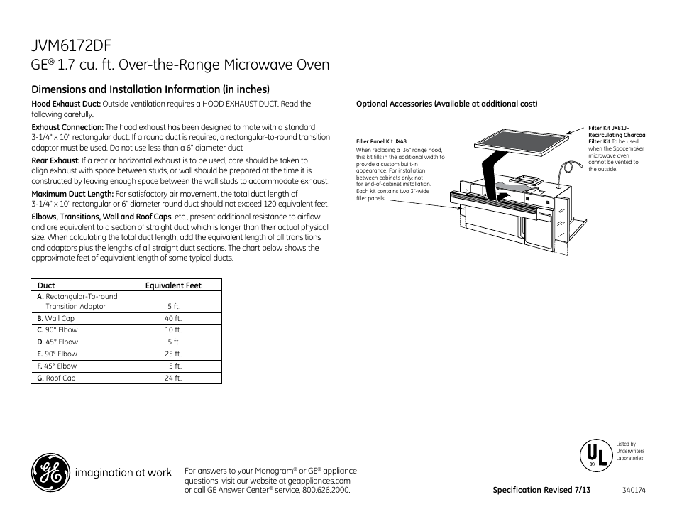 Jvm6172df, 7 cu. ft. over-the-range microwave oven | GE JVM6172DFWW User Manual | Page 2 / 3