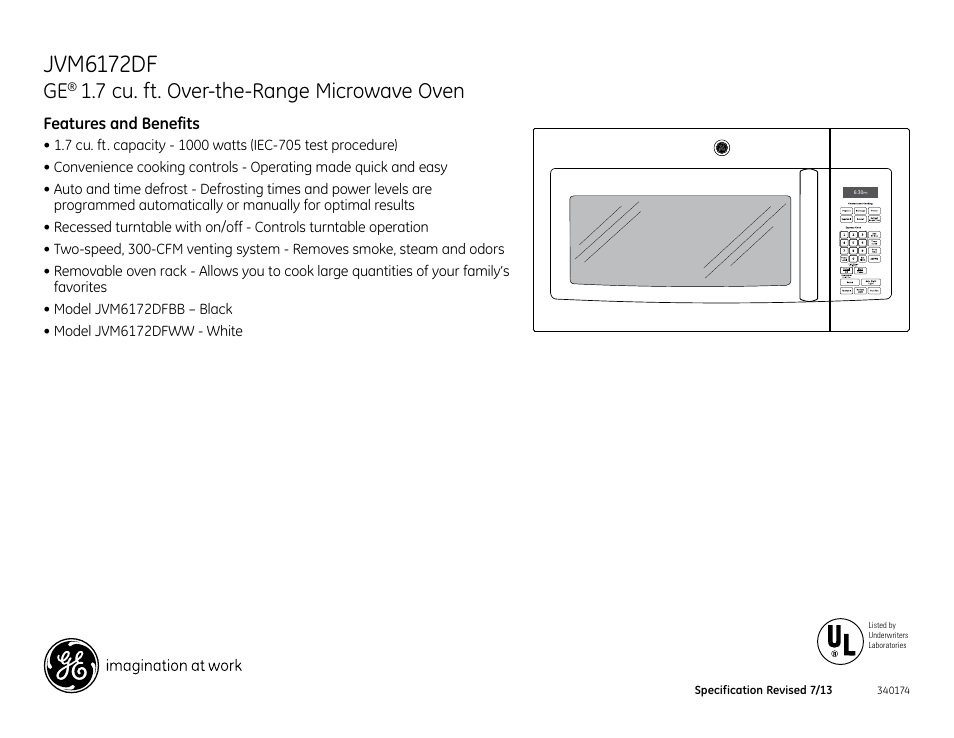 Jvm6172df, 7 cu. ft. over-the-range microwave oven | GE JVM6172DFWW User Manual | Page 3 / 3
