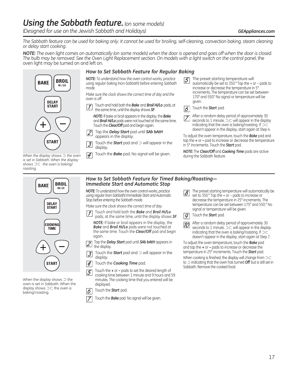 Using the sabbath feature | GE JAS02SNSS User Manual | Page 17 / 88