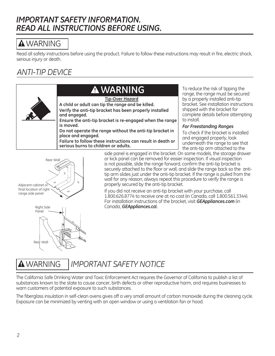 Warning, Important safety notice, Warning anti-tip device | GE JAS02SNSS User Manual | Page 2 / 88