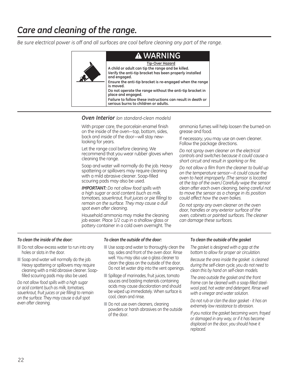 Care and cleaning of the range, Warning | GE JAS02SNSS User Manual | Page 22 / 88