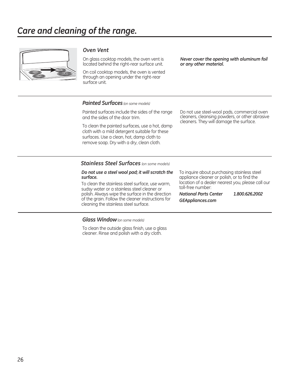 Care and cleaning of the range | GE JAS02SNSS User Manual | Page 26 / 88