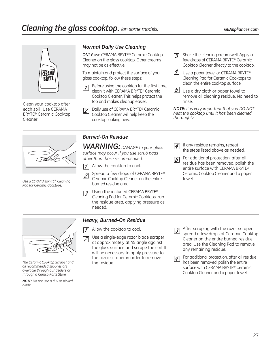 Cleaning the glass cooktop, Warning, Normal daily use cleaning | On some models), Burned-on residue heavy, burned-on residue | GE JAS02SNSS User Manual | Page 27 / 88