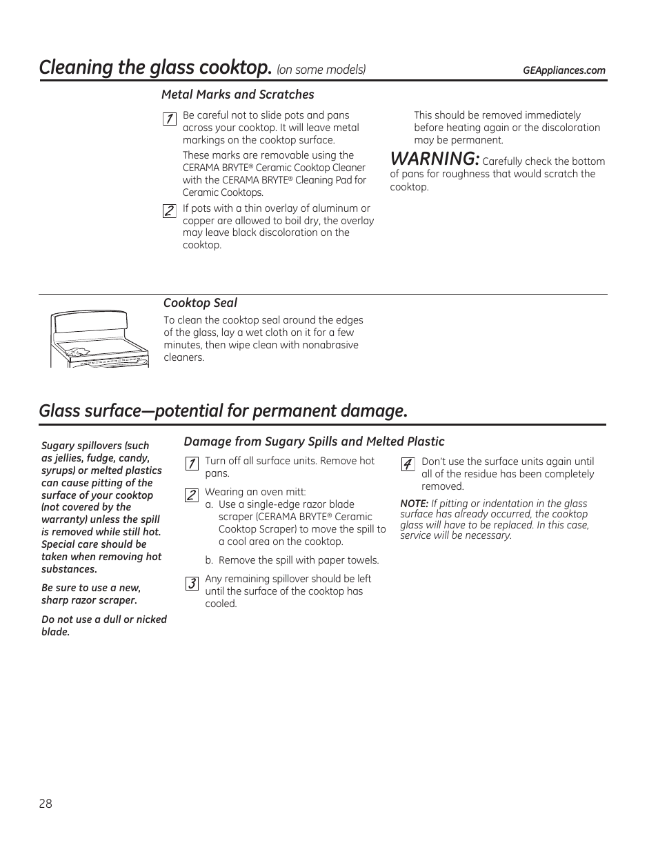Cleaning the glass cooktop, Warning, Odvvvxuidfh³srwhqwldoirushupdqhqwgdpdjh | GE JAS02SNSS User Manual | Page 28 / 88
