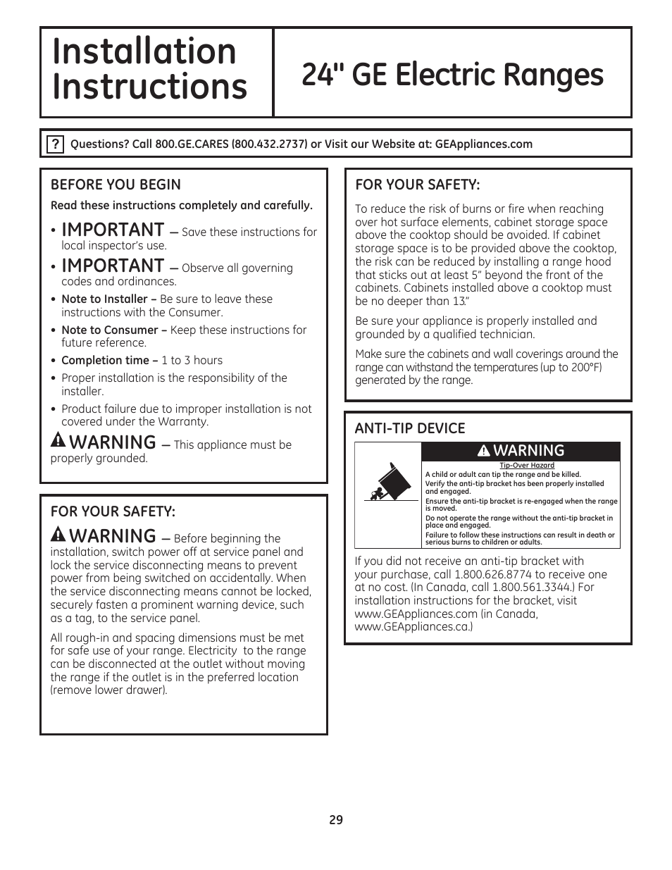 Installation, Instructions, 24" ge electric ranges | Important, Warning | GE JAS02SNSS User Manual | Page 29 / 88