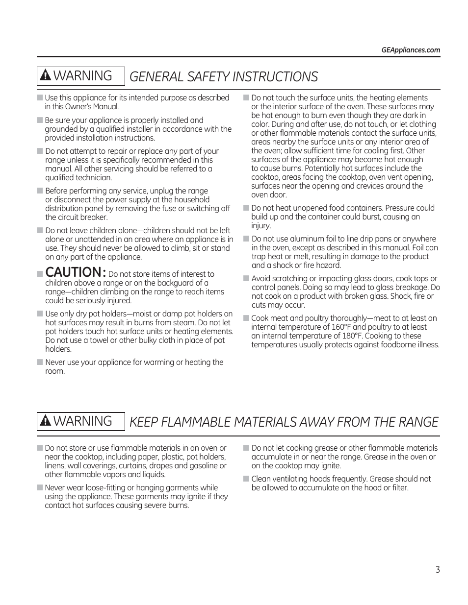 Caution, General safety instructions | GE JAS02SNSS User Manual | Page 3 / 88