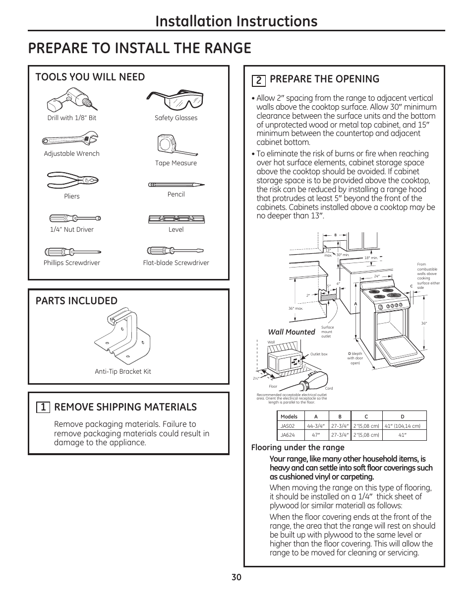 Tools you will need, Parts included, 1 remove shipping materials | 2 prepare the opening | GE JAS02SNSS User Manual | Page 30 / 88