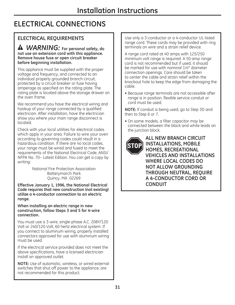 Installation instructions electrical connections, Warning | GE JAS02SNSS User Manual | Page 31 / 88