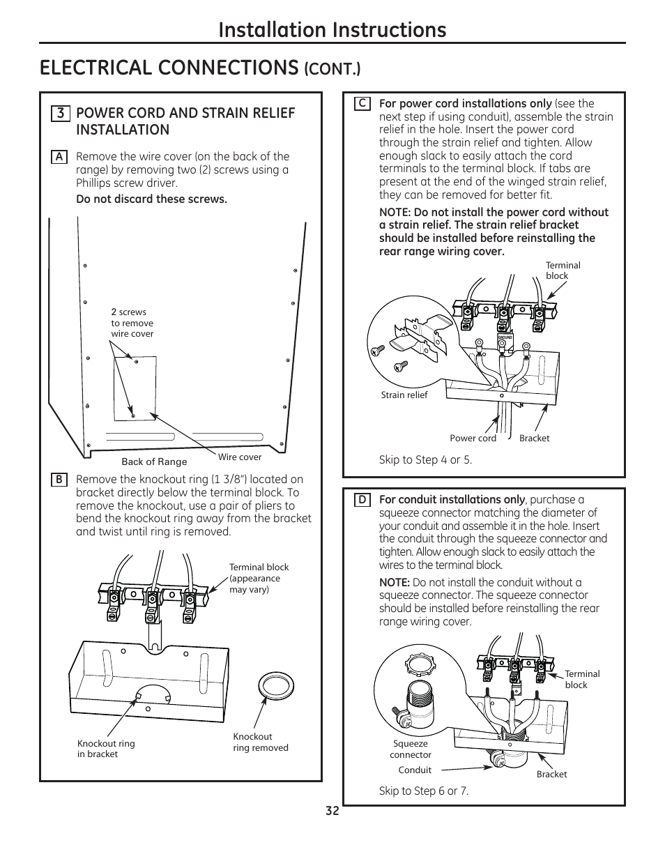 Installation instructions electrical connections, Cont.), 3 power cord and strain relief installation | GE JAS02SNSS User Manual | Page 32 / 88