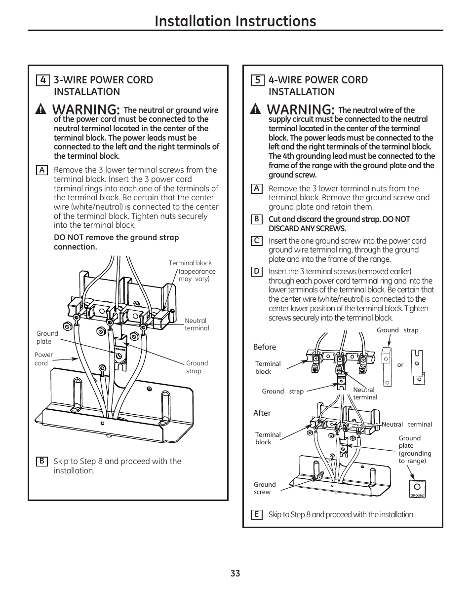 Installation instructions, Warning, 5 4-wire power cord installation | 4 3-wire power cord installation | GE JAS02SNSS User Manual | Page 33 / 88