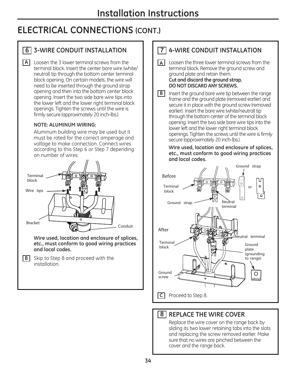 Installation instructions electrical connections, Cont.), 6 3-wire conduit installation | 7 4-wire conduit installation, 8 replace the wire cover | GE JAS02SNSS User Manual | Page 34 / 88