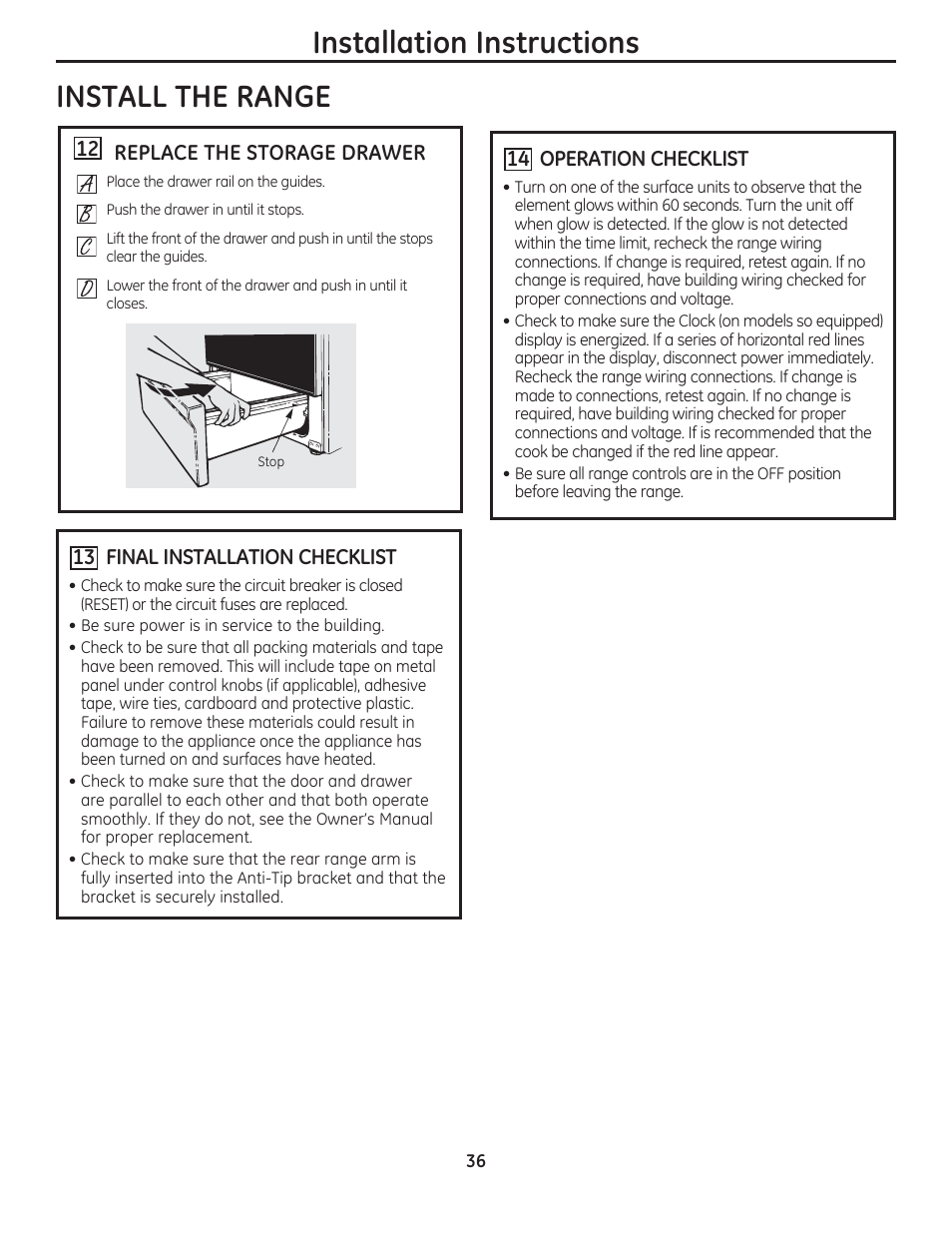 Installation instructions install the range | GE JAS02SNSS User Manual | Page 36 / 88