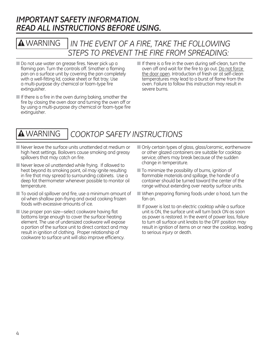 Cooktop safety instructions warning warning | GE JAS02SNSS User Manual | Page 4 / 88