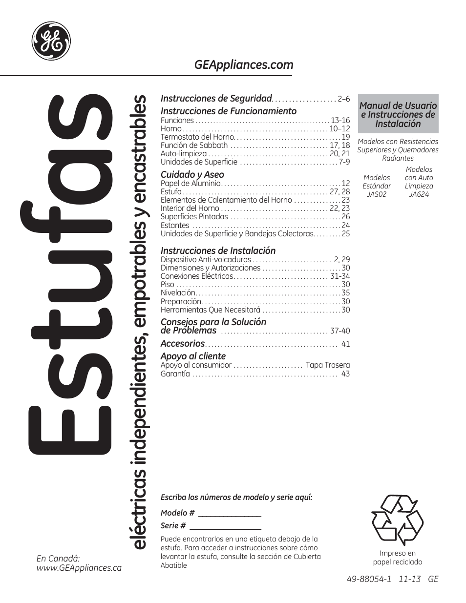 Estufas | GE JAS02SNSS User Manual | Page 45 / 88