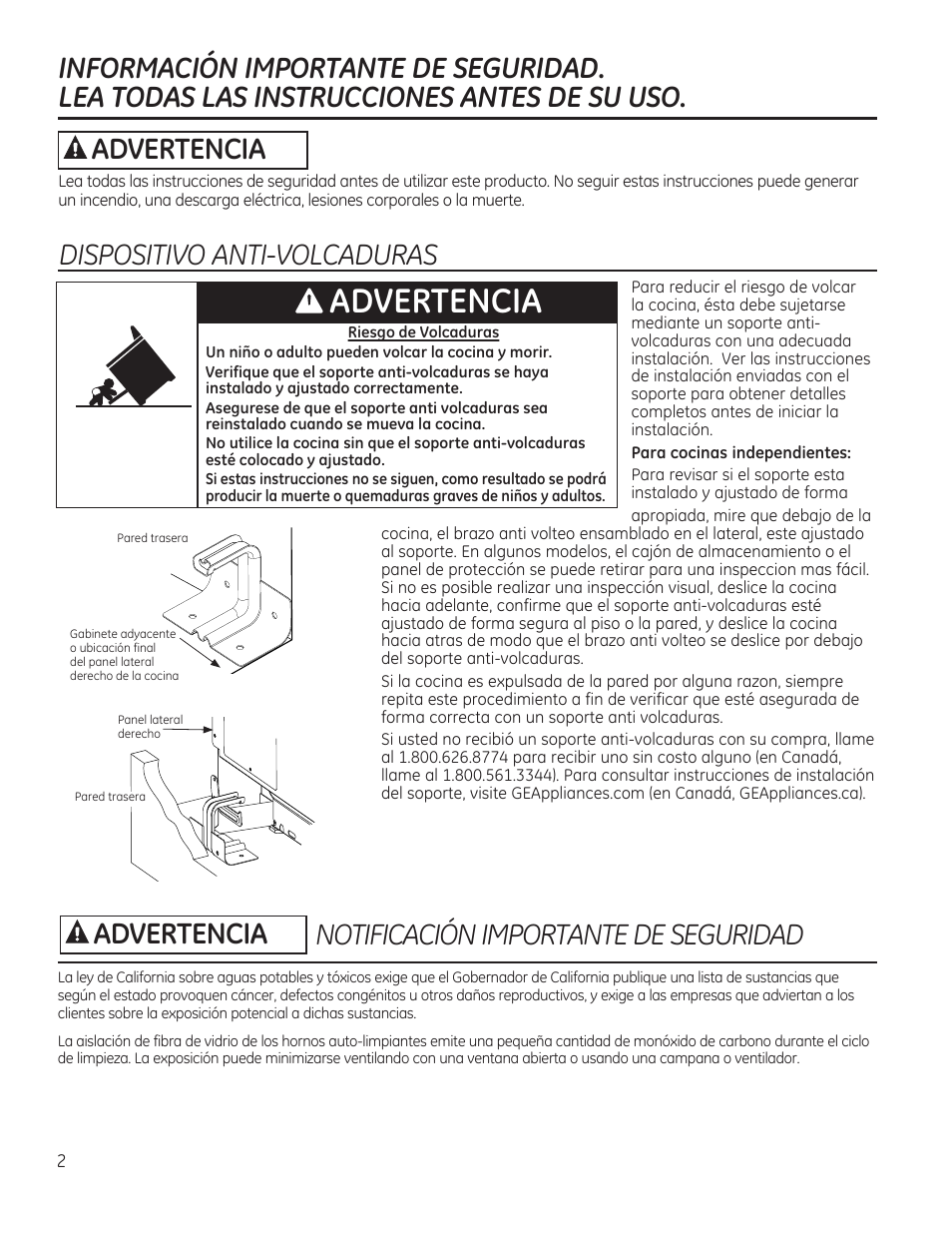 Notificación importante de seguridad, Dispositivo anti-volcaduras, Advertencia | GE JAS02SNSS User Manual | Page 46 / 88