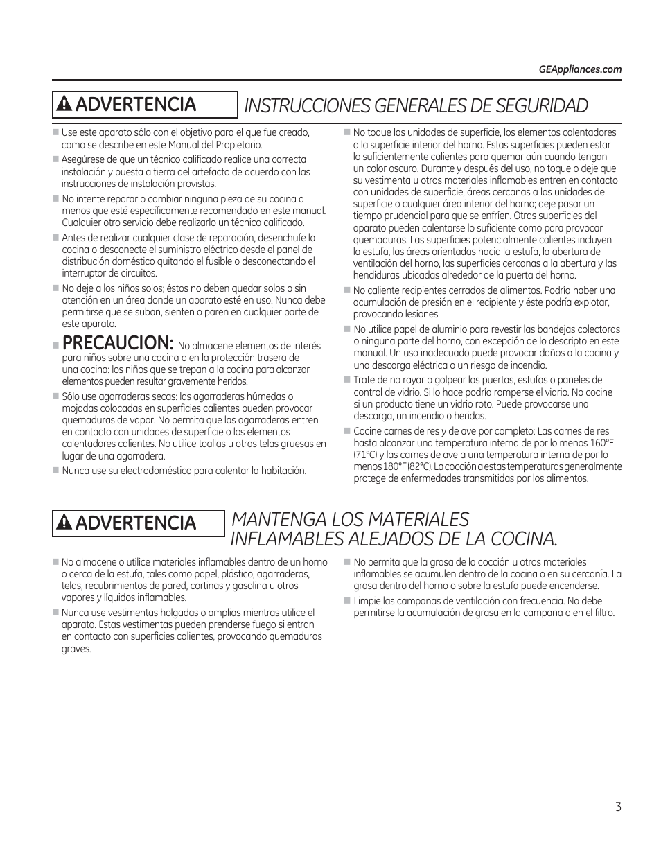 Precaucion, Instrucciones generales de seguridad advertencia | GE JAS02SNSS User Manual | Page 47 / 88