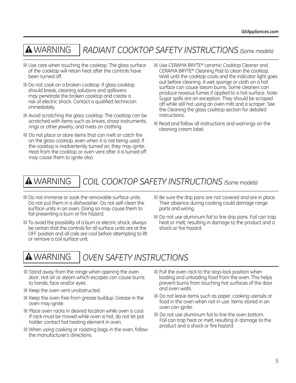 Oven safety instructions, Radiant cooktop safety instructions, Coil cooktop safety instructions | Warning | GE JAS02SNSS User Manual | Page 5 / 88