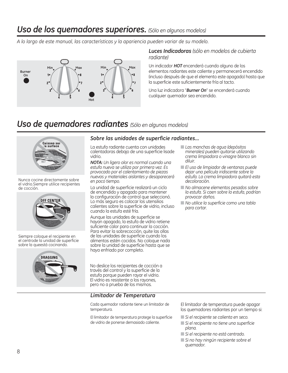 Uso de los quemadores superiores, Uso de quemadores radiantes | GE JAS02SNSS User Manual | Page 52 / 88