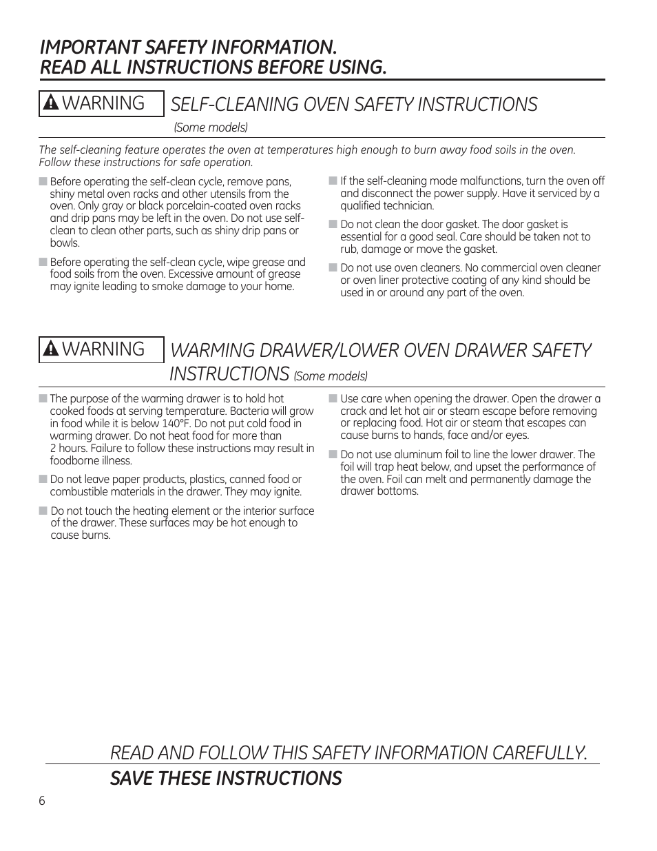 Self-cleaning oven safety instructions, Warning | GE JAS02SNSS User Manual | Page 6 / 88