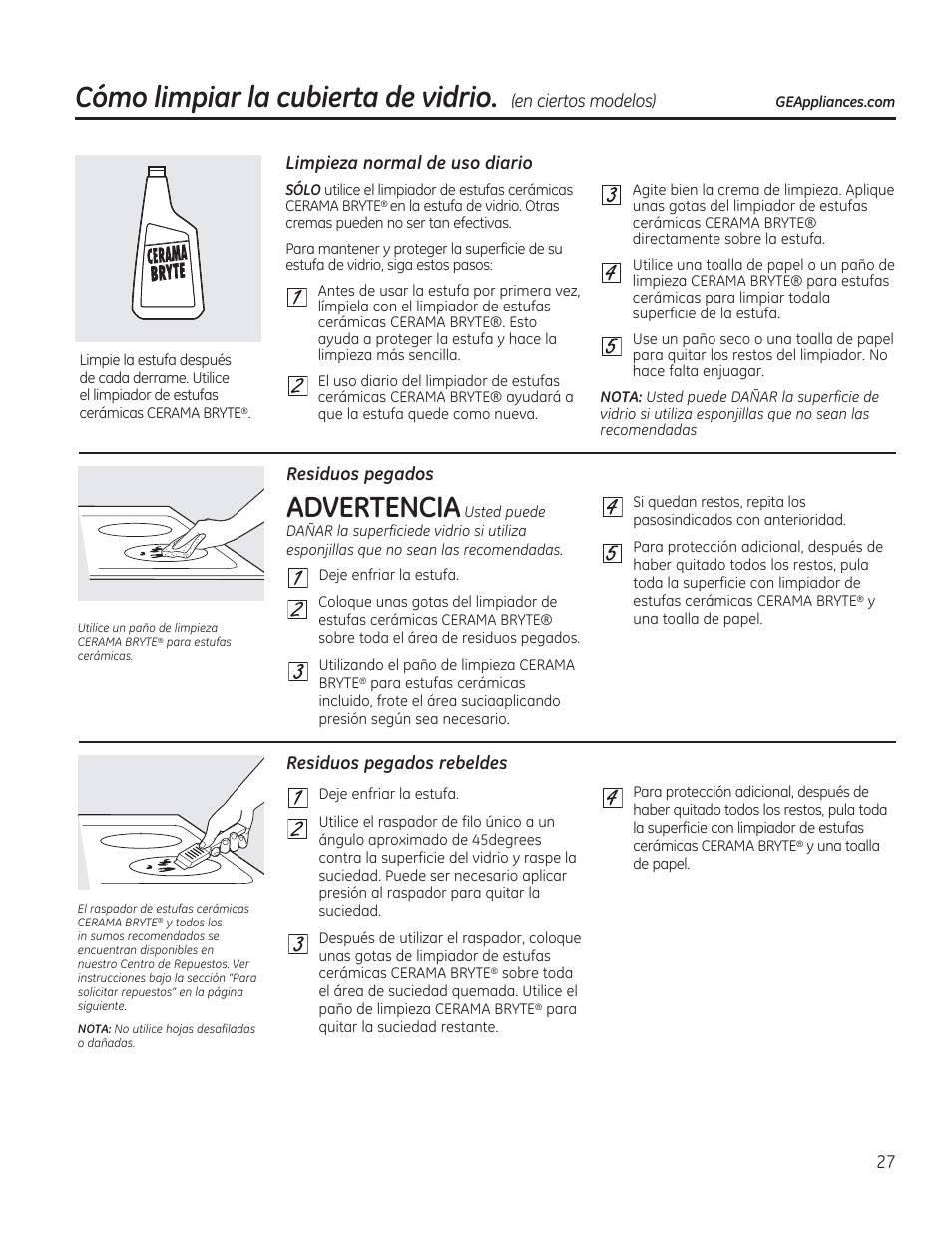 Cómo limpiar la cubierta de vidrio, Advertencia, Limpieza normal de uso diario | En ciertos modelos), Residuos pegados residuos pegados rebeldes | GE JAS02SNSS User Manual | Page 71 / 88