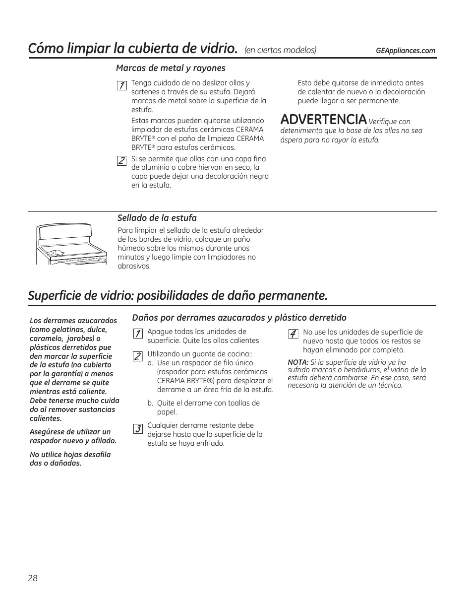 Cómo limpiar la cubierta de vidrio, Advertencia | GE JAS02SNSS User Manual | Page 72 / 88