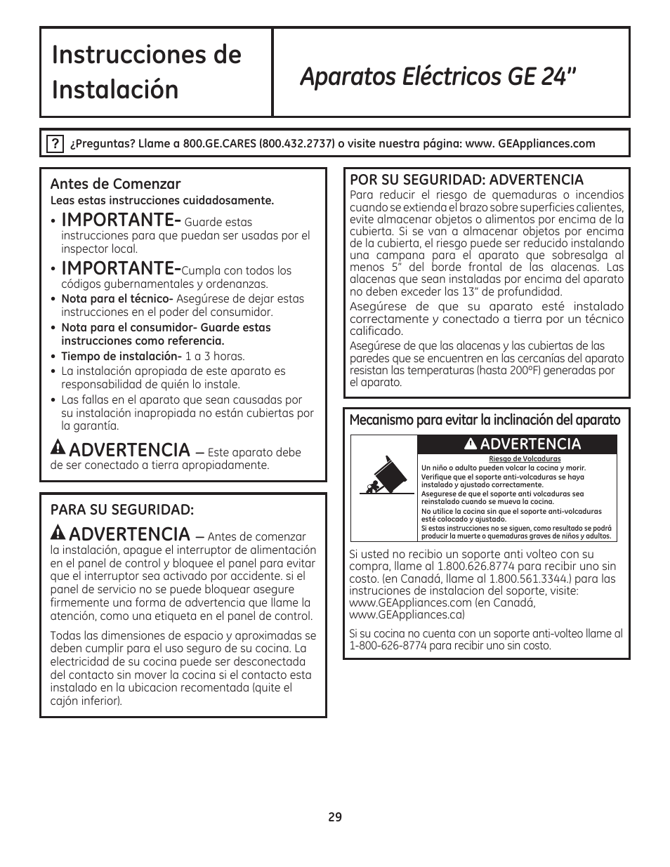 Instrucciones de, Aparatos eléctricos ge 24, Instalación | Importante, Advertencia | GE JAS02SNSS User Manual | Page 73 / 88
