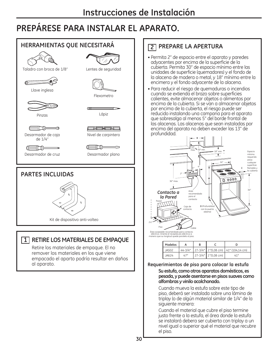 Herramientas que necesitará, Partes incluidas, 1 retire los materiales de empaque | 2 prepare la apertura | GE JAS02SNSS User Manual | Page 74 / 88