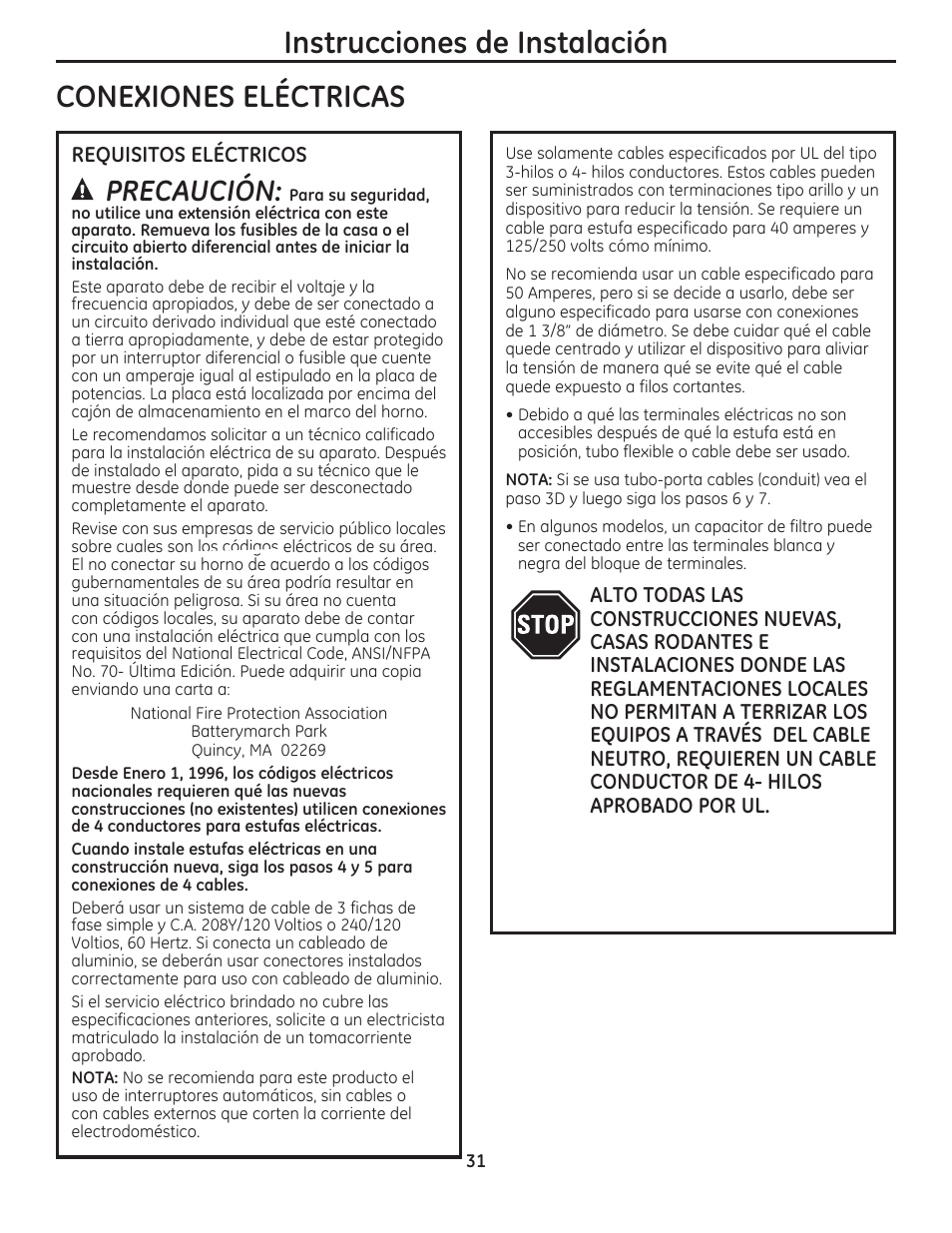 Instrucciones de instalación conexiones eléctricas, Precaución | GE JAS02SNSS User Manual | Page 75 / 88