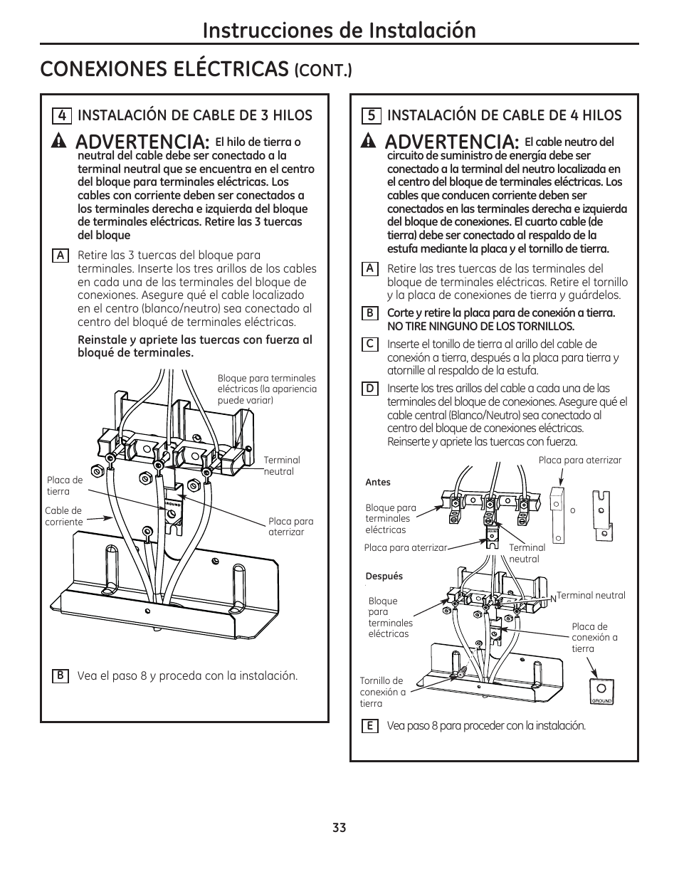 Conexiones eléctricas, Instrucciones de instalación, Advertencia | Cont.), 5 instalación de cable de 4 hilos, 4 instalación de cable de 3 hilos | GE JAS02SNSS User Manual | Page 77 / 88