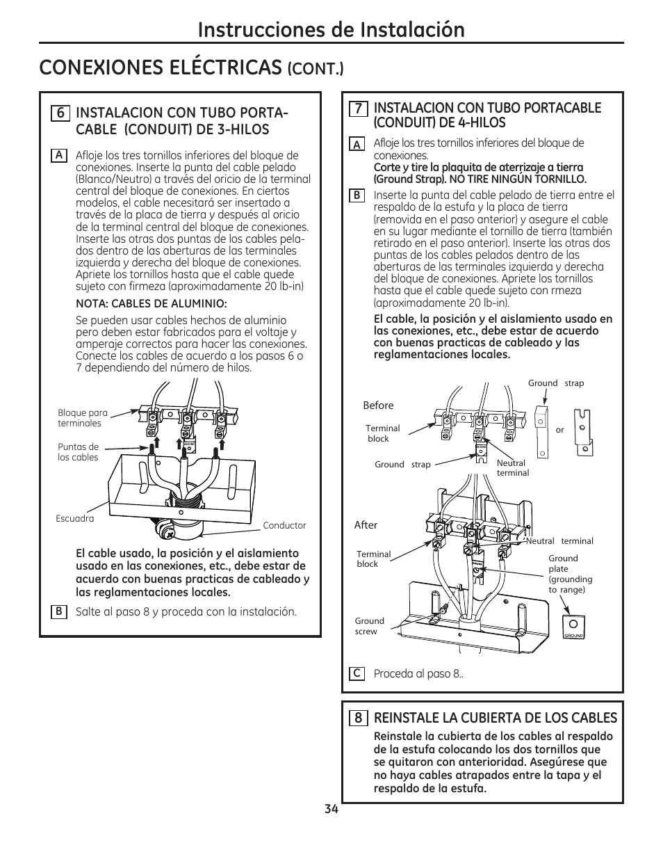 Instrucciones de instalación, Conexiones eléctricas, Cont.) | 8reinstale la cubierta de los cables | GE JAS02SNSS User Manual | Page 78 / 88