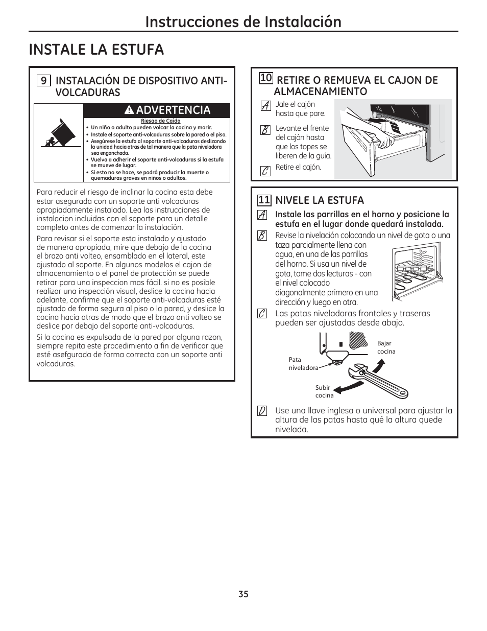 Instrucciones de instalación instale la estufa, Advertencia, 9 instalación de dispositivo anti- volcaduras | 11 nivele la estufa, 10 retire o remueva el cajon de almacenamiento | GE JAS02SNSS User Manual | Page 79 / 88