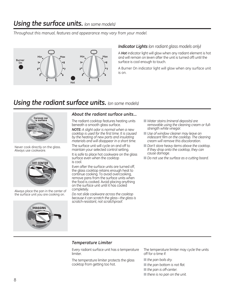 Using the surface units, Using the radiant surface units | GE JAS02SNSS User Manual | Page 8 / 88