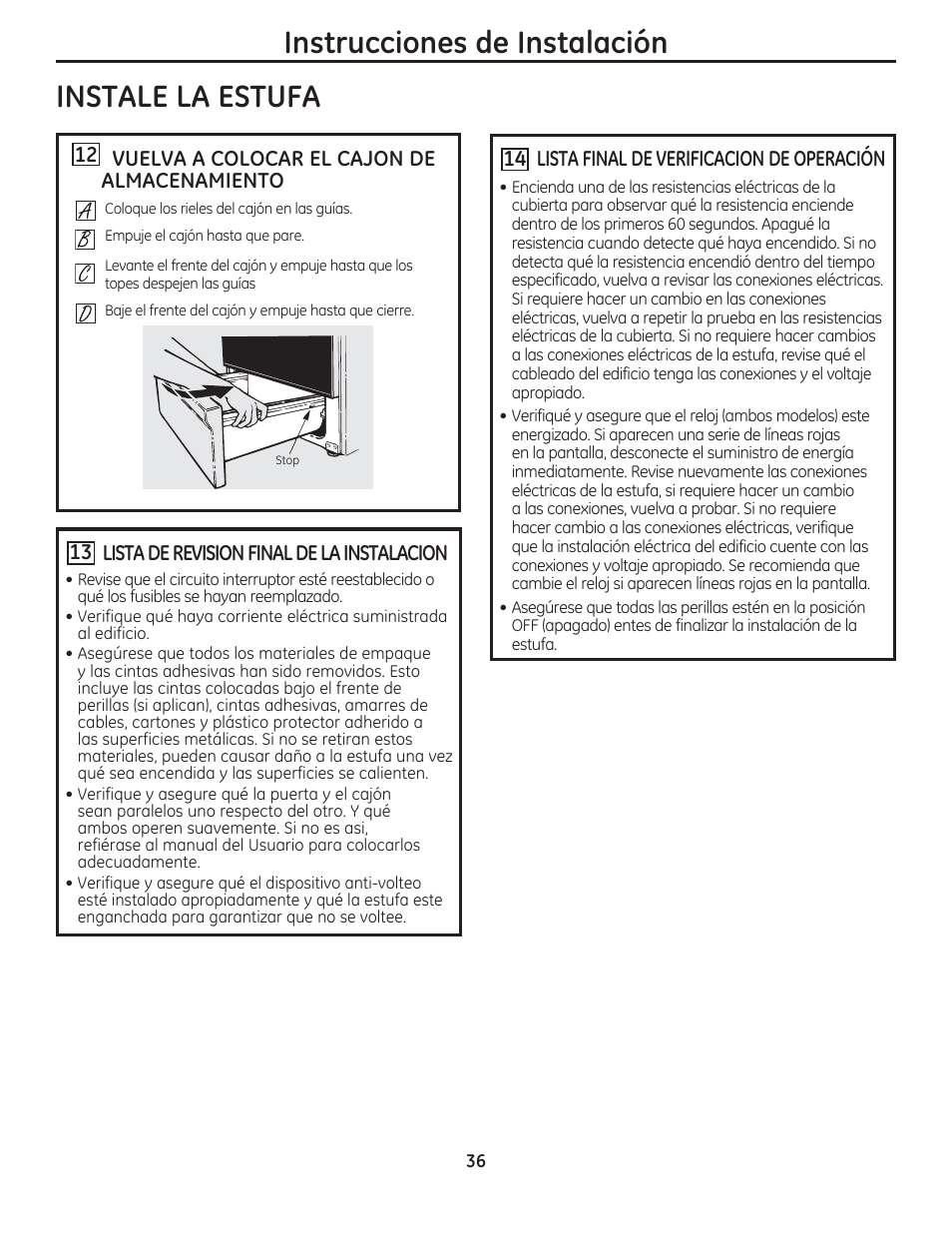 Instrucciones de instalación instale la estufa | GE JAS02SNSS User Manual | Page 80 / 88