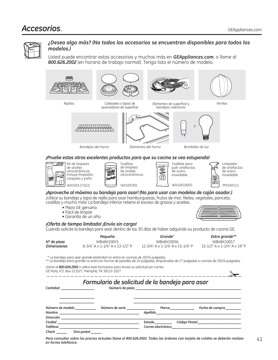 Accesorios, Formulario de solicitud de la bandeja para asar | GE JAS02SNSS User Manual | Page 85 / 88