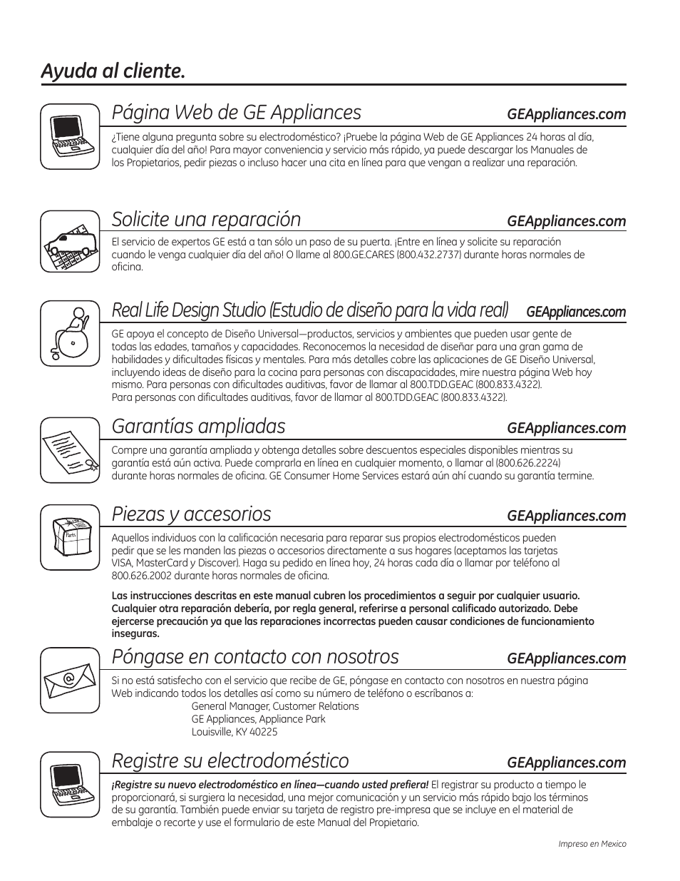 Ayuda al cliente. página web de ge appliances, Solicite una reparación, Garantías ampliadas | Piezas y accesorios, Póngase en contacto con nosotros, Registre su electrodoméstico | GE JAS02SNSS User Manual | Page 88 / 88