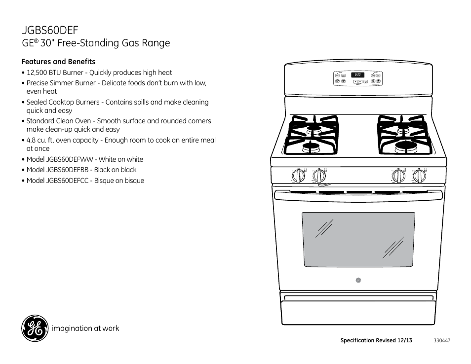 Jgbs60def, 30" free-standing gas range | GE JGBS60DEFCC User Manual | Page 2 / 2