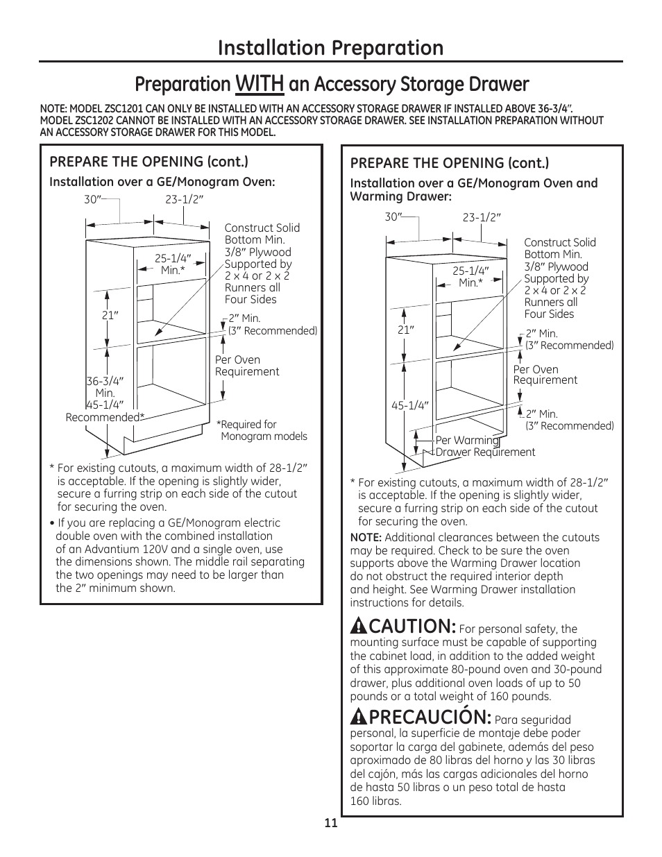 With, Installation preparation preparation, An accessory storage drawer | Caution, Precaución | GE PSB9120DFBB User Manual | Page 11 / 40