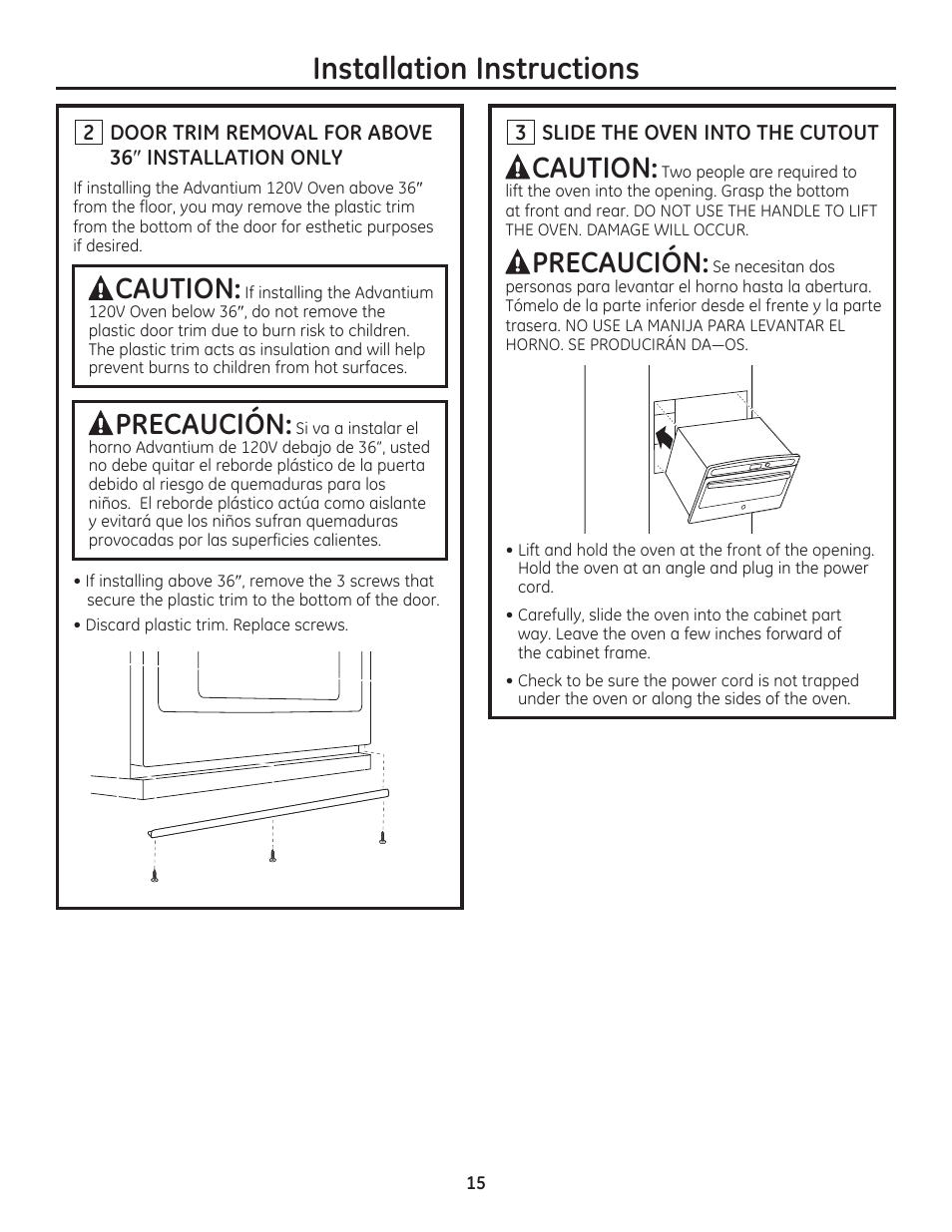 Installation instructions, Caution, Precaución | GE PSB9120DFBB User Manual | Page 15 / 40