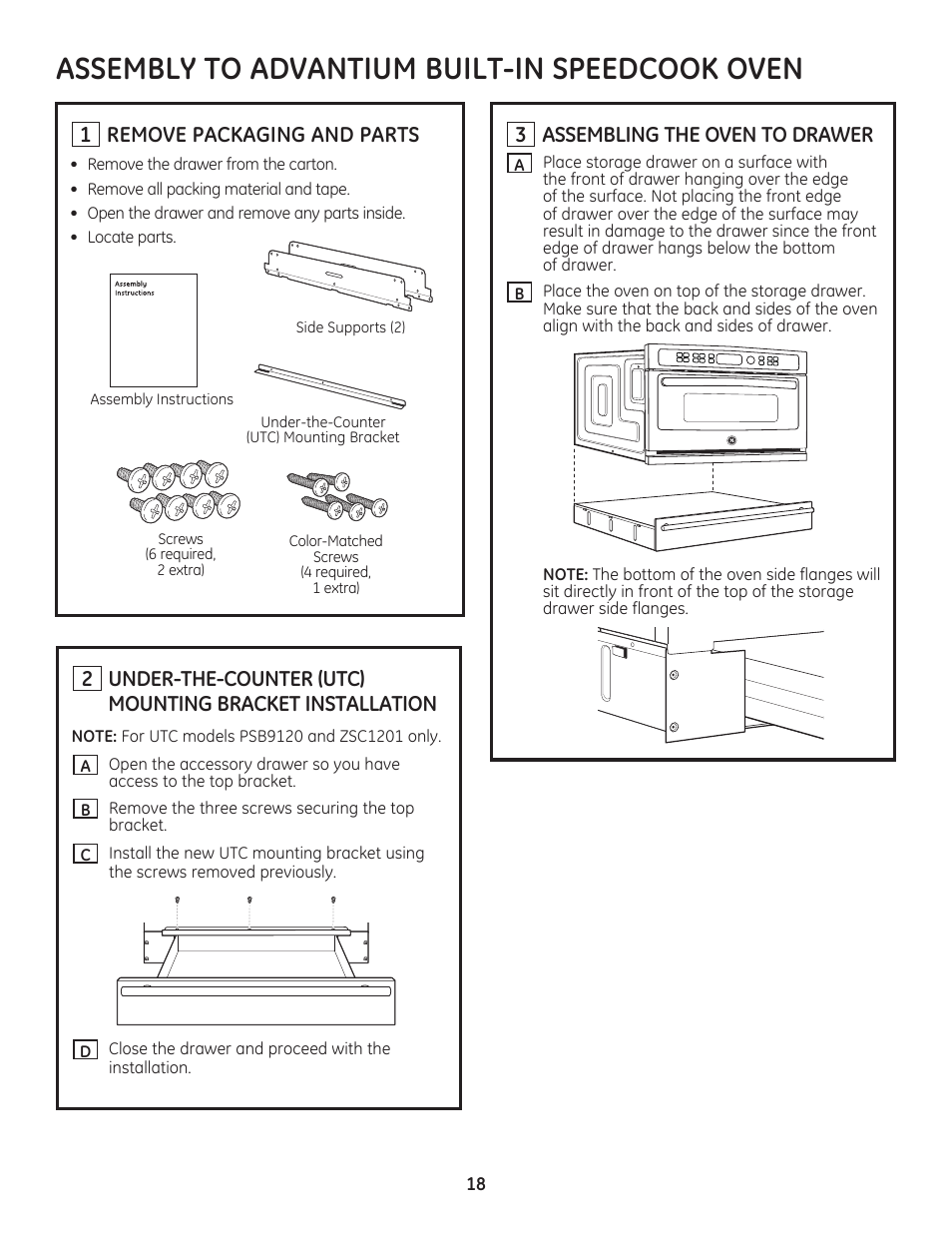 Assembly to advantium built-in speedcook oven, 1 remove packaging and parts, 3 assembling the oven to drawer | GE PSB9120DFBB User Manual | Page 18 / 40