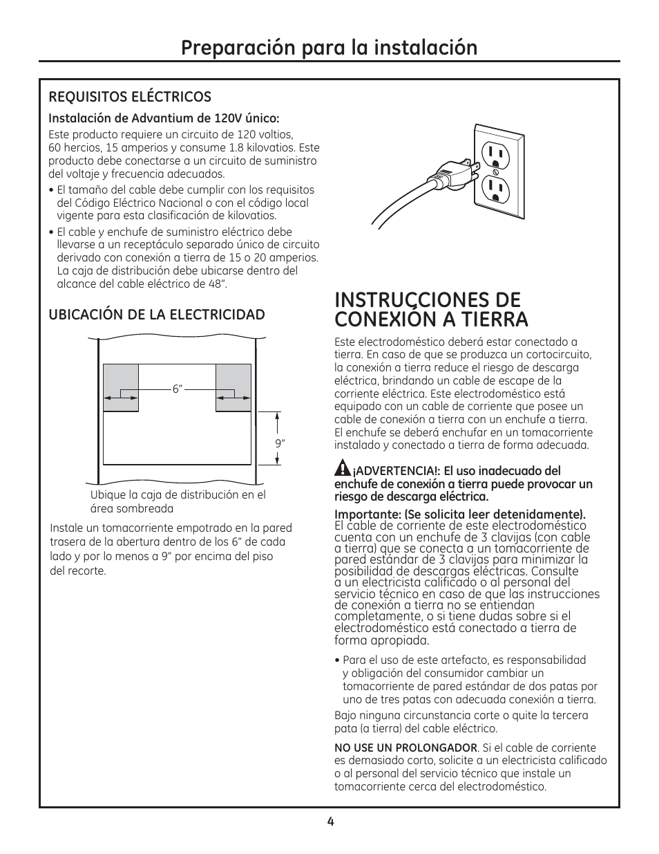 Preparación para la instalación, Instrucciones de conexión a tierra | GE PSB9120DFBB User Manual | Page 24 / 40