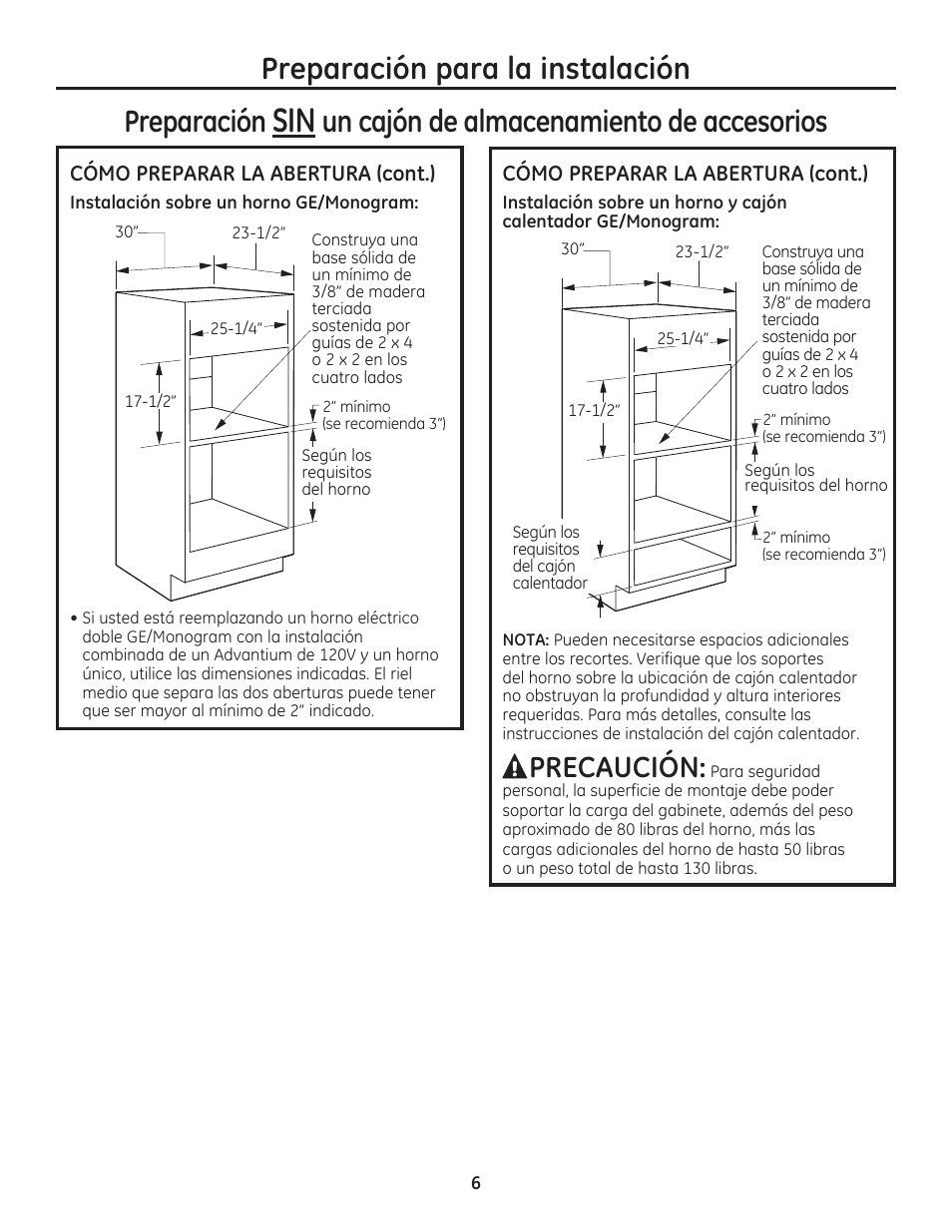 Preparación para la instalación, Preparación, Un cajón de almacenamiento de accesorios | Precaución | GE PSB9120DFBB User Manual | Page 26 / 40