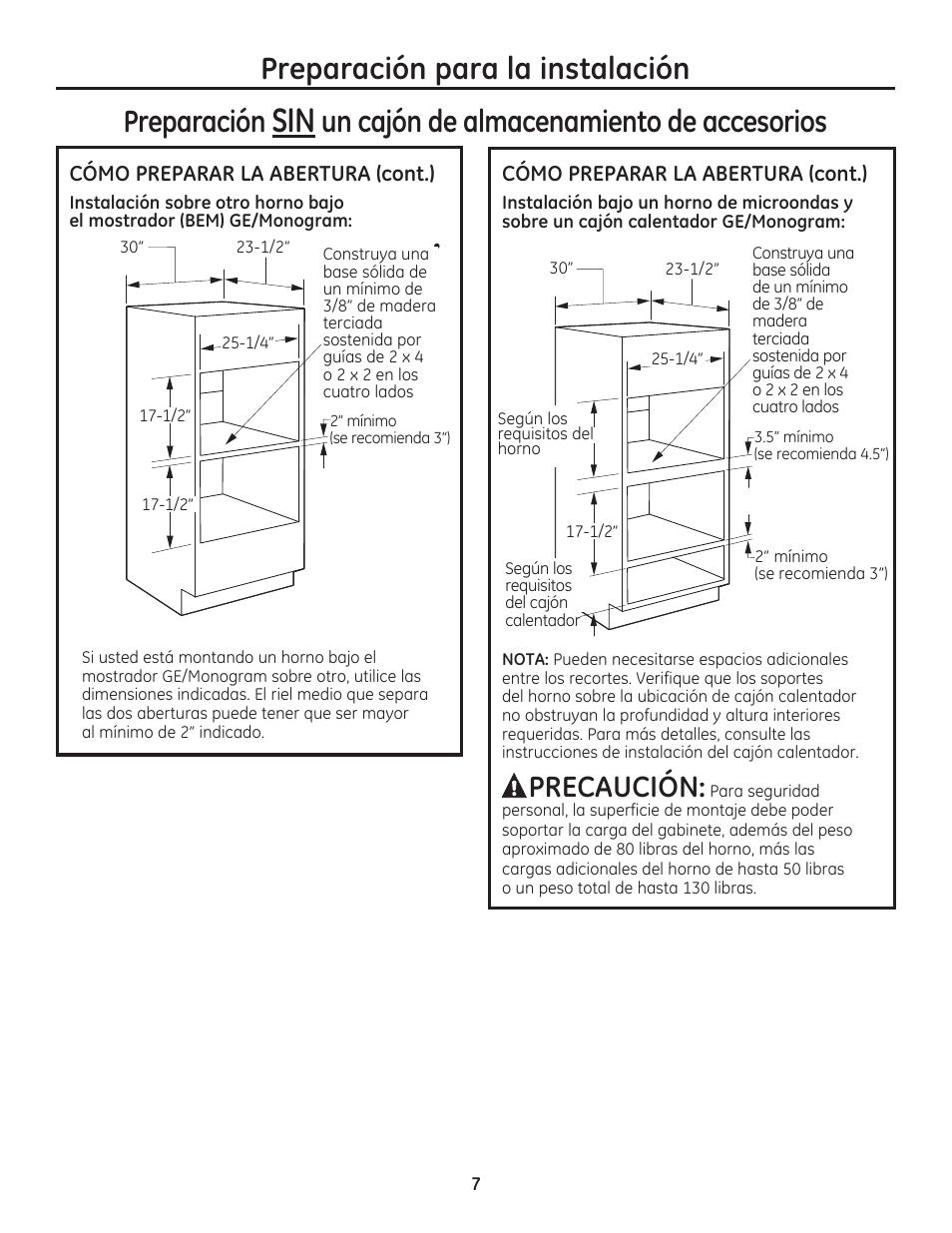 Preparación para la instalación preparación, Un cajón de almacenamiento de accesorios, Precaución | GE PSB9120DFBB User Manual | Page 27 / 40