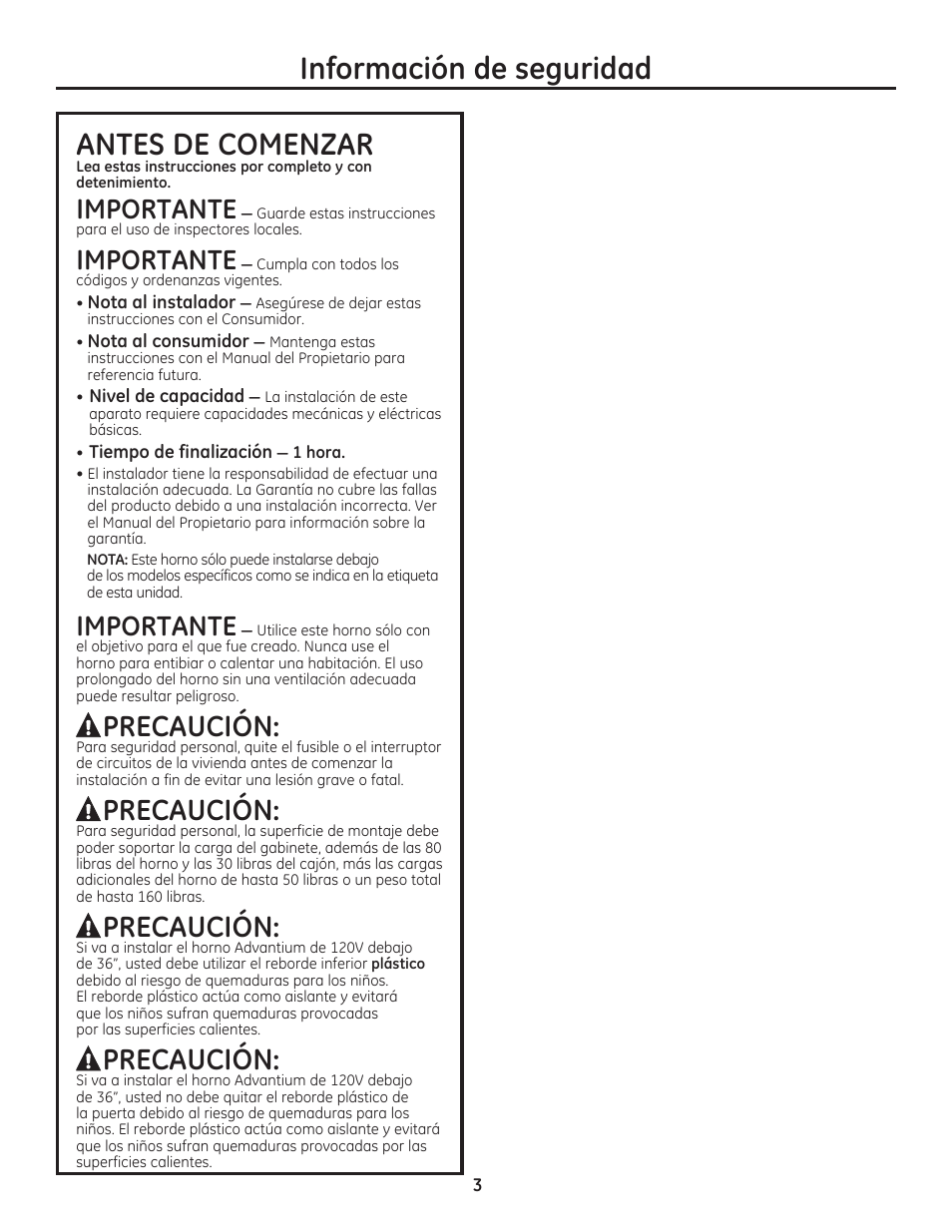Información de seguridad antes de comenzar, Precaución, Importante | GE PSB9120DFBB User Manual | Page 3 / 40